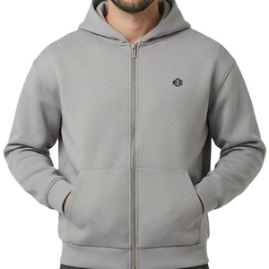 Sudadera con capucha gris de algodón grueso con cremallera completa para hombre, estilo urbano liso, con logo personalizado, ajuste regular, alta calidad, venta al por mayor - Product Image 2