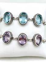 Bracelet Bali en argent sterling vintage de luxe, triple pierre ovale, améthyste, topaze bleue, plaqué or, fait main, certifié IGI