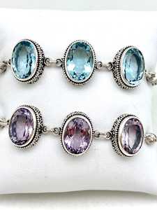 Pulsera Bali de Plata de Ley con Tres Piedras Ovaladas de Amatista y Topacio Azul, Joyería Hecha a Mano con Piedras Preciosas, Regalo para Mujer, Venta al por Mayor - Product Image 5