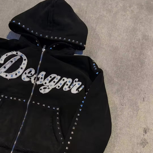 Sudadera con capucha corta con cremallera, lavado ácido personalizado, con tachuelas, estilo streetwear desgastado, de algodón y felpa con lavado vintage, servicio OEM - Product Image 4