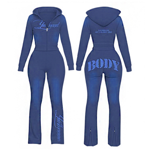 ชุดวอร์มผ้าฝ้ายเฟรนช์เทอร์รี่ทรงสลิมฟิตสำหรับผู้หญิง ชุดเซ็ตเสื้อฮู้ดดี้และกางเกงวอร์มแบบซักได้ รับสกรีนโลโก้ - Product Image 2