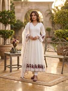 Designer Embroidery And Sequence Pipe Work Mul Chanderi <b>Gown</b> With Bottom And Dupatta Fully Stitched Ready To Wear Set - Product Image 3