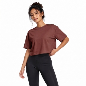 Women's Burgundy <b>Crop</b> <b>Top</b> Short Sleeve Crew Neck Loose Fit Jersey Solid Color Casual T-Shirt All Seasons 100% Cotton - Product Image 1