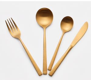 Ensemble de couverts en acier inoxydable doré mat de luxe, finition PVD or mat avec manches plates, pour la restauration quotidienne, les traiteurs et les hôtels - Product Image 2