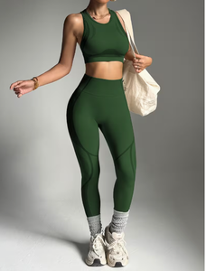 Women's Olive <b>Green</b> 2 Piece Yoga Set Racerback <b>Crop</b> <b>Top</b> Mid Waist Knee Length Seamless Activewear Solid Color Front - Product Image 6