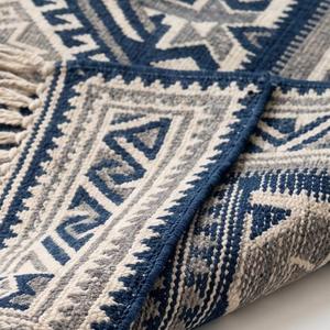 Tapis de couloir Kilim en laine tissé à la main tendance - Tapis de sol tribal géométrique bleu-gris à motifs losanges avec franges, style bohème - Product Image 3
