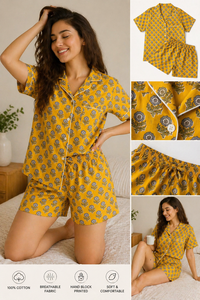 Conjunto de Pijama de Algodón para Mujer con Estampado Floral de Mostaza, Camisa de Manga Corta y Pantalones Cortos, Hecho a Mano, Obra Maestra Casual - Product Image 5
