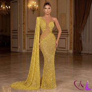 Vestido de noche largo hasta el suelo con lentejuelas y adornos dorados hechos a mano por diseñador, con un solo hombro descubierto. |   Vestido Ajustado Transparente para Fiesta o Boda para Mujer - Product Image 5