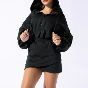 Women's White Oversized <b>Hooded</b> <b>Sweatshirt</b> <b>Dress</b> With Zipper Drop-Shoulder Full Sleeve Solid Color Breathable Autumn Wear - Product Image 3