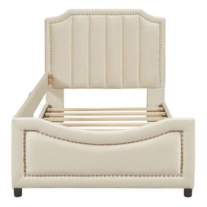 Divano letto classico a righe beige imbottito, letto singolo per bambini con elegante testiera - Product Image 3