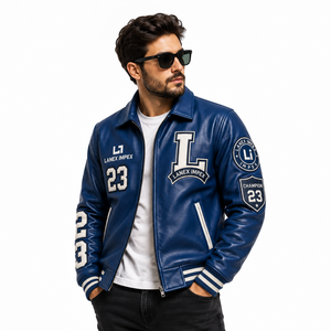 Custom Blue <b>Leather</b> Varsity <b>Jacket</b> for <b>Men</b> Letterman Bomber <b>Jacket</b> with Embroidered Chenille Patches OEM ODM Wholesale Supplier - Product Image 2