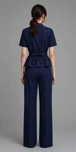 <b>Women</b> <b>Navy</b> Short Sleeve Stand Collar Zipper Peplum <b>Top</b> Wide Leg Pants 2 Piece Set - Product Image 3