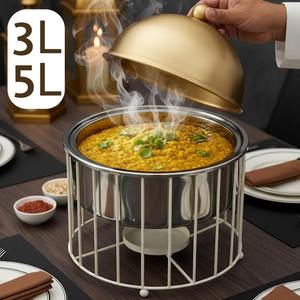 Calentador de Buffet de Lujo Redondo Dorado con Caligrafía Árabe Recortada, Soporte de Acero Inoxidable y Tapa de Cúpula, Unidad Individual - Product Image 3