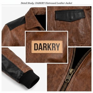 Veste en cuir véritable marron vieilli pour homme, avec empiècements contrastants noirs, poches à rabat, col rabattable, fermeture éclair, style motard vintage - Product Image 6
