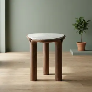 Modern Solid Wood Side <b>Table</b> With White Marble Top Handmade Round Three Leg Accent <b>End</b> <b>Table</b> for Living Room Decor - Product Image 1