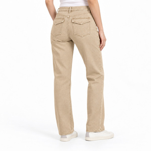 Jean en denim pour femme, taille mi-haute, coupe droite, avec rabat de poche replié - Beige sable - Product Image 3