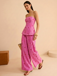 Cotton Tube <b>Corset</b> Heart Print Top With Matching Bottom Two Piece Set Smart Stripes Work Wear Tube Top And Wide Leg Casual Wear - Product Image 2
