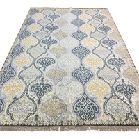 Tapis d'appoint en laine noué à la main 9x12, motif damassé gris ivoire et doré, pour salon, chambre à coucher, hôtel