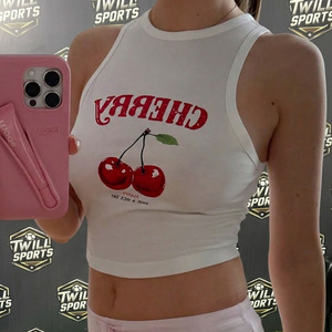 Custom Women <b>Cherry</b> Print Crop Tank <b>Top</b> White Sleeveless Ribbed Summer Casual Fitted Vest <b>Top</b> - Product Image 4