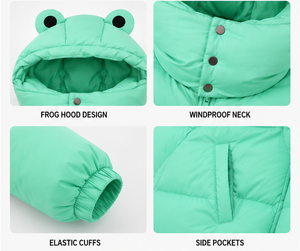 Blouson matelassé à capuche grenouille mignon, vert, broderie dessin animé, chaud et épais pour l'hiver, manteau décontracté unisexe, coupe régulière, fermeture éclair - Product Image 5