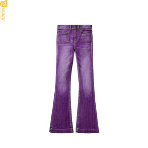 Vaqueros de mezclilla azules de corte bootcut con cremallera para mujer, de largo completo, estilo casual vintage, cintura alta, con cinturón de borlas y bordados, de secado rápido. - Product Image 2