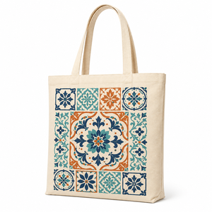 Cotton Canvas Boho <b>Tote</b> <b>Bag</b> with Rope Handle Durable Floral Tile Print Reusable Shopping Carryall for <b>Beach</b> Grocery & Daily Use - Product Image 3
