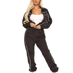 High Quality Women's 2 Piece Solid Breathable Eco-Friendly Windbreaker Oversize Zipper Cropped Top Shorts Jacket <b>Set</b> Full Length - Product Image 1