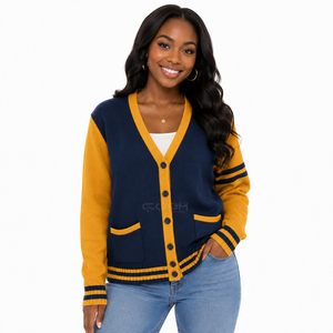 Cosh International Sorority Sisterhood Acrylic <b>Navy</b> Yellow Contrast Knitted <b>Cardigan</b> Long Sleeve V-Neck Classic With Pockets - Product Image 3