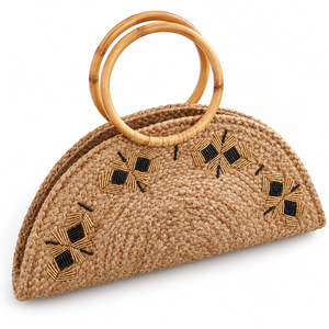 Sac à main demi-lune en jute personnalisable et écologique avec poignées en bambou, motif géométrique noir et or perlé pour femme - Vente en gros - Product Image 4