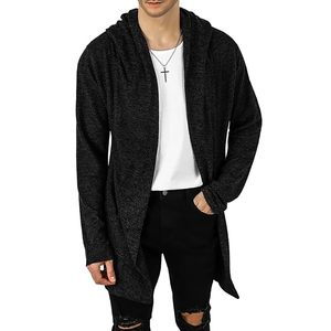 Cárdigan largo gótico con capucha para hombre, abrigo de punto con frente abierto, color negro sólido - Product Image 2