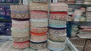 Luxury Traditional Floral Embroidered Eco-Friendly <b>Lace</b> Trim Zari Bead Work <b>Red</b> Fabric for Bridal Wear Sarees Couture Garments - Product Image 2