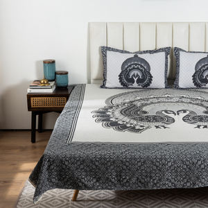 <b>Black</b> & White Peacock Printed Flat Cotton Bedsheet <b>Set</b> Double <b>Bed</b> Bedding 2 Pillow Covers Hotel & Home Style Wholesale Price - Product Image 3