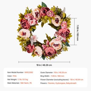 Ghirlanda Decorativa per Tutte le Stagioni in Stile Rustico con Peonie Artificiali, Ortensie e Gypsophila, 19 Pollici, Rosa - Product Image 2