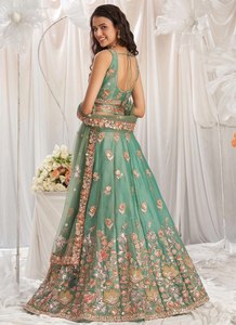 <b>Green</b> Fandy SILK Lehenga Choli Set Zari Sequin Floral Embroidered Evening Dress <b>Net</b> Dupatta for Wedding Party - Product Image 3
