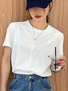 Camiseta Gráfica Blanca 100% Algodón, Cuello Redondo, Manga Corta, Diseño Personalizado de Olas en Atardecer Azul, Moda Verano, Camisetas para Mujer - Product Image 4