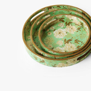 ชุดถาดเสิร์ฟตกแต่ง MDF 3 ชิ้น เคลือบเงาอย่างดี ลายพิมพ์ดอกไม้และนก ถาดไม้หรูหราสำหรับวางบนออตโตมัน - Product Image 5