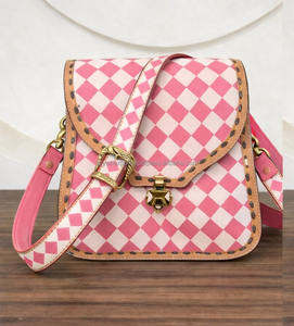2026 Western Stylish Checks Design Gypsy Boho Handbags Premium <b>Leather</b> Handcrafted Pink & <b>White</b> Checkered Women's Messenger <b>Bags</b> - Product Image 4