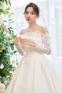 Vestido de novia de satén de alta calidad OEM TNBP No14, vestido de baile de encaje de lujo con cuello en V, manga larga, sencillo, modesto, estilo Vintage, estampado sólido - Product Image 4