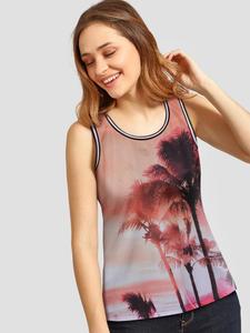 Débardeur sans manches pour femme avec imprimé palmier, col rond, tricoté en polyester, décontracté, pour l'été - Product Image 2