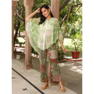 Blusa de chifón transpirable estilo bohemio verde para mujer, talla XS, manga media - Product Image 1