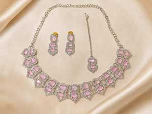 Luxury Silver Emerald Green <b>Statement</b> <b>Necklace</b> Set with Earrings and Maang Tikka Wedding Party Fashion Jewelry Set - Product Image 3