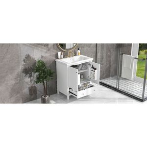 Mobile Bagno Multifunzionale Bianco da 30 Pollici con Lavabo Integrato, Struttura Solida in MDF, Ante e Cassetti - Product Image 6