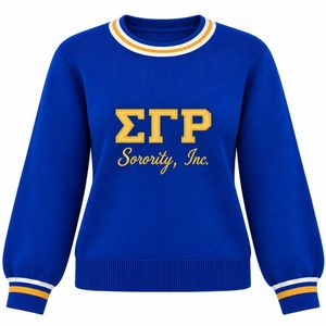 Pull en maille pour femme bleu roi Sigma Gamma Rho avec broderie dorée, col rond et poignets côtelés rayés or blanc - Product Image 1