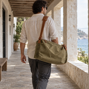 Durable Rectangular Oil <b>Waxed</b> <b>Canvas</b> Travel Duffel <b>Bag</b> Zipper | Long Shoulder Strap Olive Green Weekender Luggage for Outdoor - Product Image 3