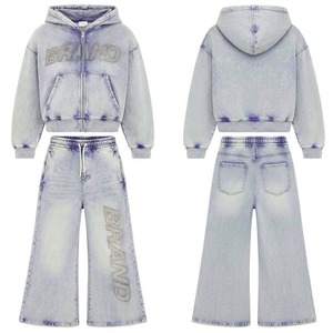 Custom Premium Rhine Stone Zipper Crop Hoodie Baggy Trouser Acid Wash Printed Unisex Tracksuit High Quality Material Casual - Product Image 1