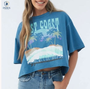 Women's Blue Crop T-Shirt Crew Neck Short Sleeve Printed Casual Loose Fit Spring Summer Wear - Product Image 1