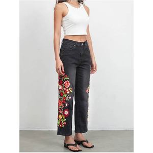 Pantalones vaqueros de mezclilla de cintura alta para mujer, con bordado floral, corte holgado, estilo bohemio, hasta el tobillo, de algodón, para verano - Product Image 5