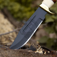 Nouvelle édition personnalisée, couteau de chasse Bowie en acier Damas fait main, lame de 7 pouces, revêtement antiadhésif, manche en os et laiton, cuir empilé