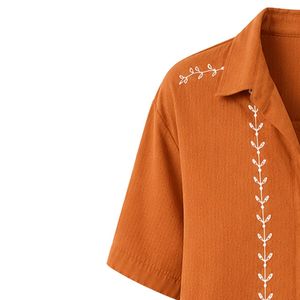 Camisa Corta Bordada Color Naranja Quemado para Mujer, Blusa Casual de Verano con Botones, Mezcla de Lino, Logotipo Personalizado, Top de Moda - Product Image 3