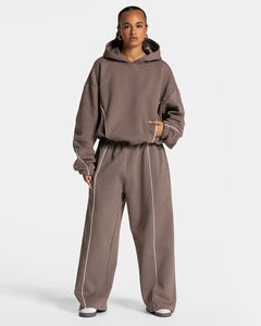 Custom Logo Embroidery Oversized <b>Mocha</b> <b>Hoodie</b> Piping Two Piece Men's Winter Streetwear Tracksuits Breathable Gym Training Sweat - Product Image 1